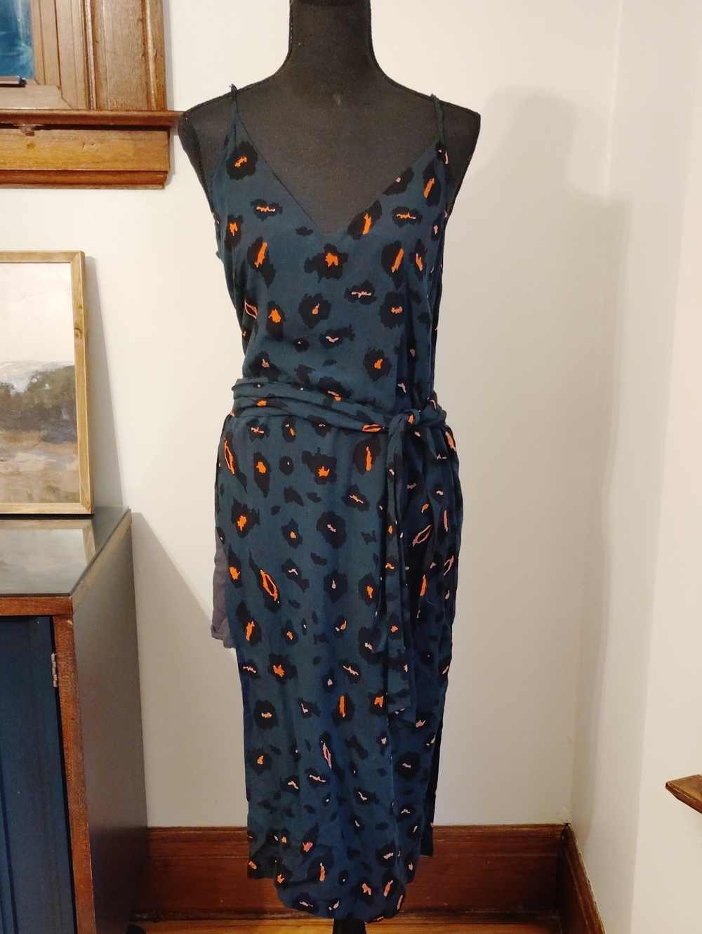 SHEIN Teal Midi Slip Dress with Orange Leopard Print